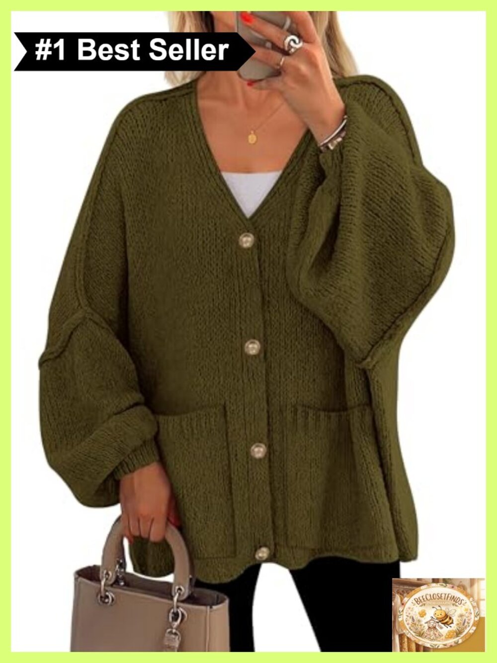 Oversized Chunky Cardigan Lantern Sleeve V-Neck Button Down Sweater